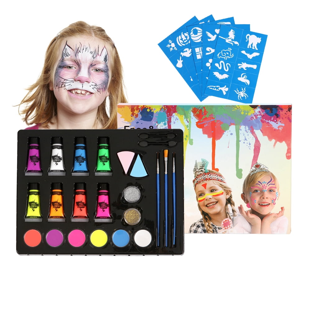 Professional Face Paint Kit Makeup Palette 50 Stencils 6 Facepaints 8 UV Glow Neon Paints 2