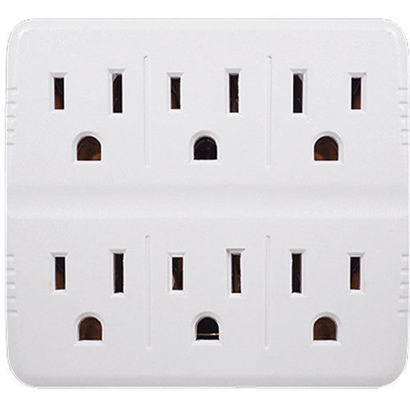White 6 Outlet Wall Tap Adapter w/ Grounded Dual 3 Prong AC Plug 15A 125V 1875W