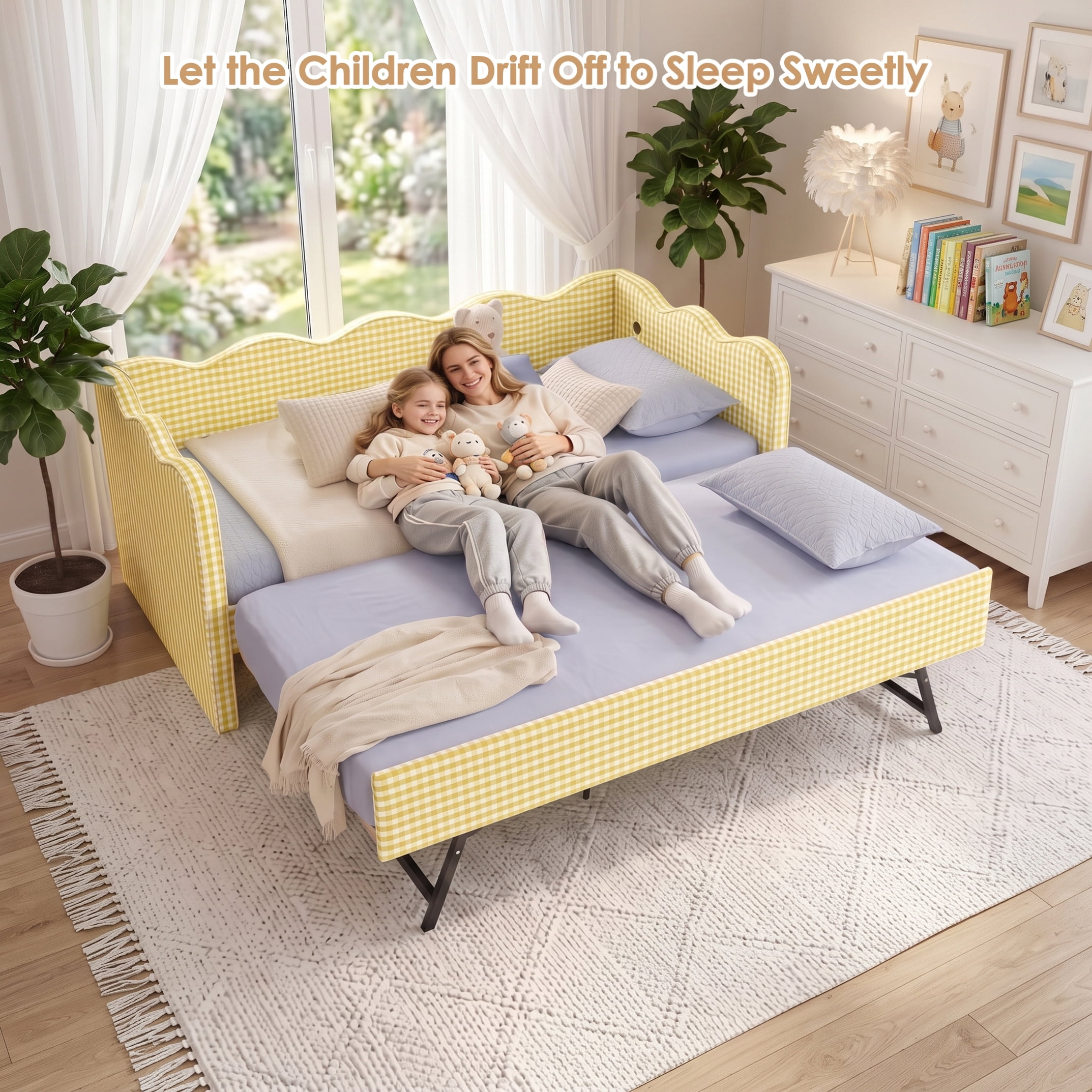 avobird Cozy Gingham Daybed with Trundle Twin Size Sofa Bed for Living Room, Sleeper Sofa with USB Port and Adorable Wave Shaped, Linen Fabric, Yellow