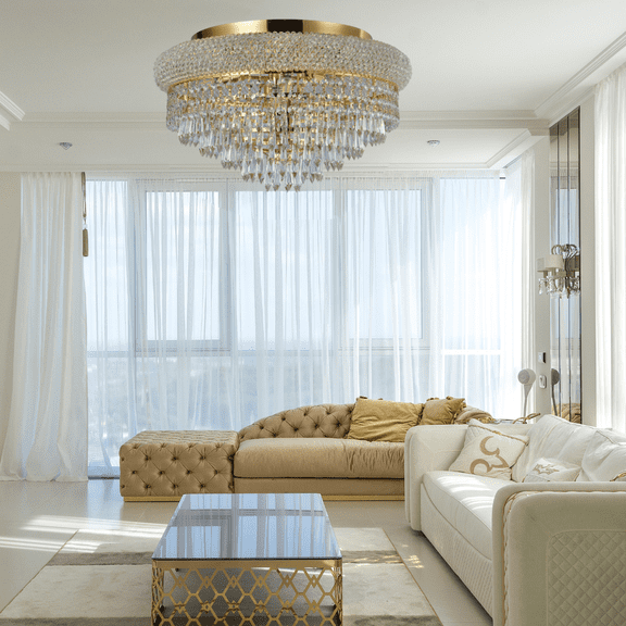 Crystal Chandelier Flush mount lighting 6 lights modern design 20"x10" in Gold color with original Teardrop Crystals