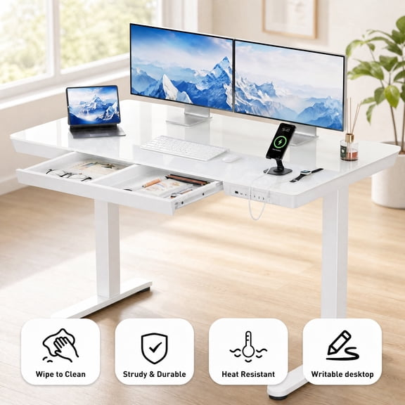 CHITOOMA Glass Top Electric Standing Desk with Drawer, 48'' x 24'' Electric Height Adjustable Desk with USB Charging Ports, Sit Stand up for Home Office