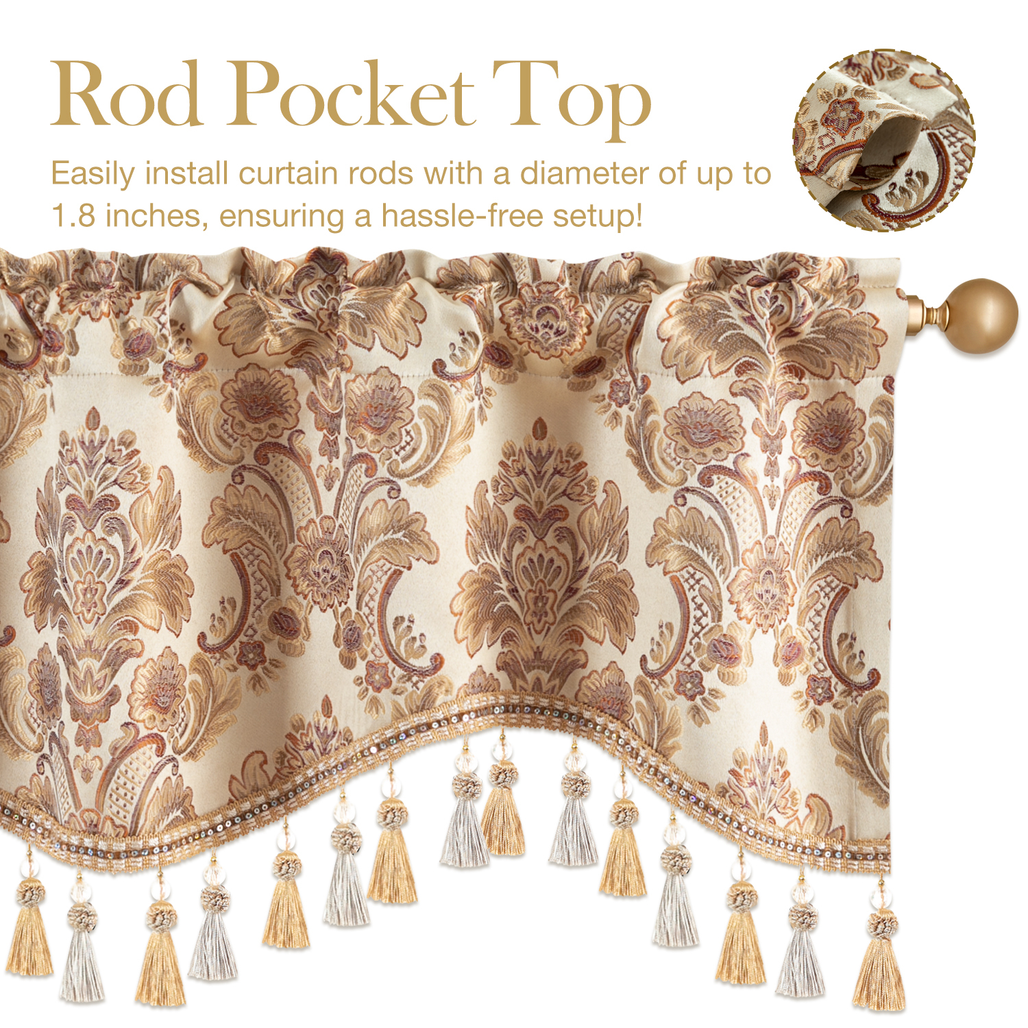VOGOL Beige Damask Jacquard Valance with Beads and Tassels, 52x18 inch Rod Pocket Window Valance, Elegant Classic Style for Kitchen or Living Room