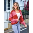 thumbnail image 2 of Womens 2025 Long Sleeve Fall Cropped Cardigan Sweaters Color Block Open Front Casual Loose Knit Outwear Red L, 2 of 8
