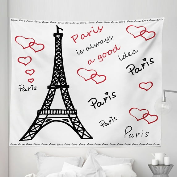 Eiffel Tower Tapestry, Eiffel Tower Paris is Always an Idea Tourism Locations Love, Fabric Wall Hanging Decor for Bedroom Living Room Dorm, 5 Sizes, Red Black White, by Ambesonne