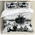 thumbnail image 1 of Vintage Boat Queen Size Duvet Cover Set, San Diego Port Vintage Picture with Ships and Sailboats Old Times Artwork, Decorative 3 Piece Bedding Set with 2 Pillow Shams, Black and White, by Ambesonne, 1 of 3
