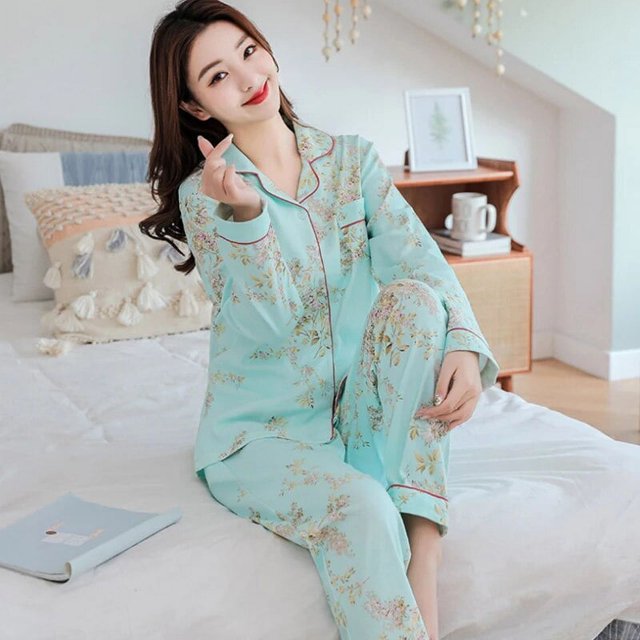 Pijama de algodón suave para mujer, conjunto de ropa de dormir de manga larga con botones, estilo coreano, 100%