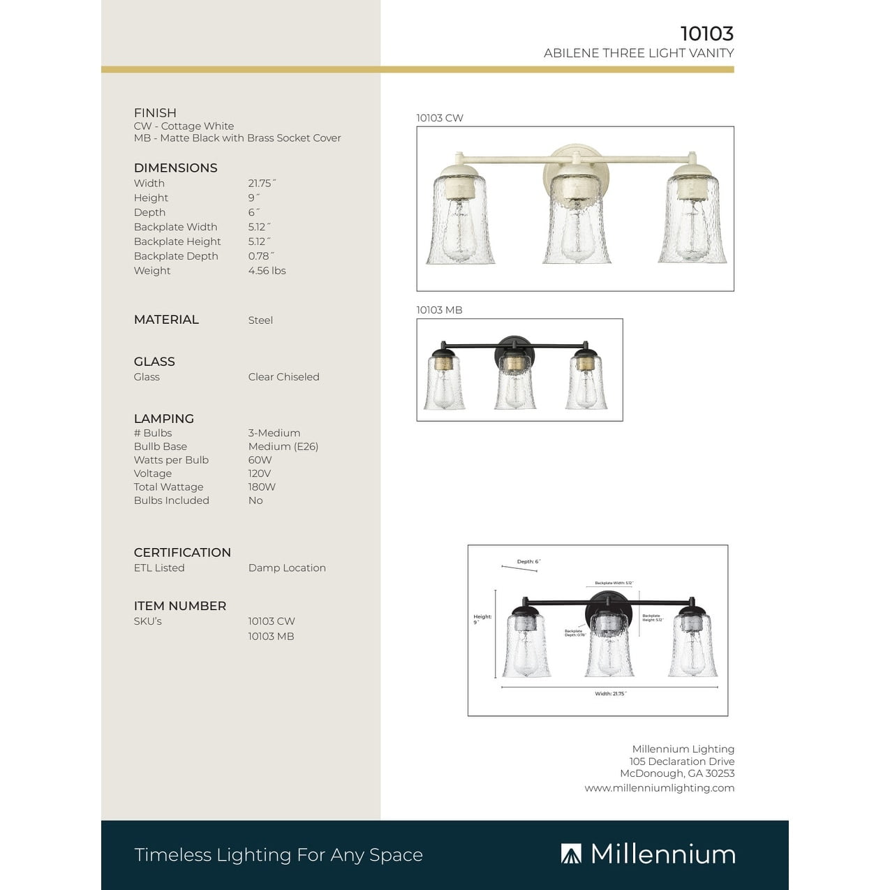 Millennium Lighting  Abilene 2/3 Light Vanity Fixture 3 Light - Cottage White