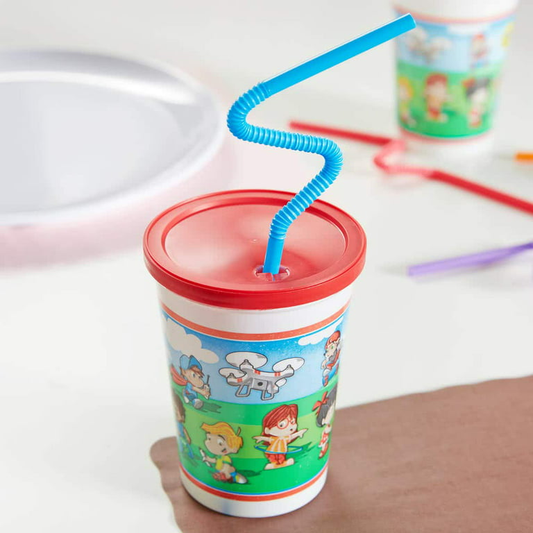 50 Pack] 12 OZ Plastic Kids Cup with Lid and Straw - Spill Proot