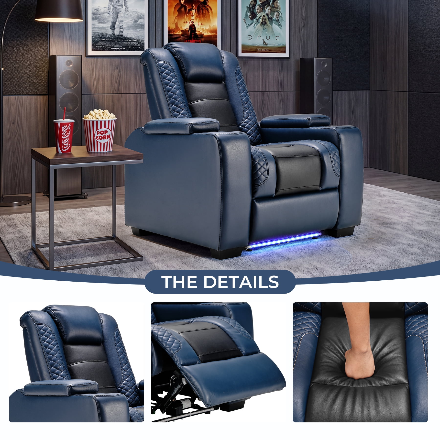 Bonzy Home Electric Recliner Chair with LED Lighting, Adjustable Headrest, USB Ports & Cup Holders, Hidden Arm Storage, Home Theater Seating Reclining Chair, Blue
