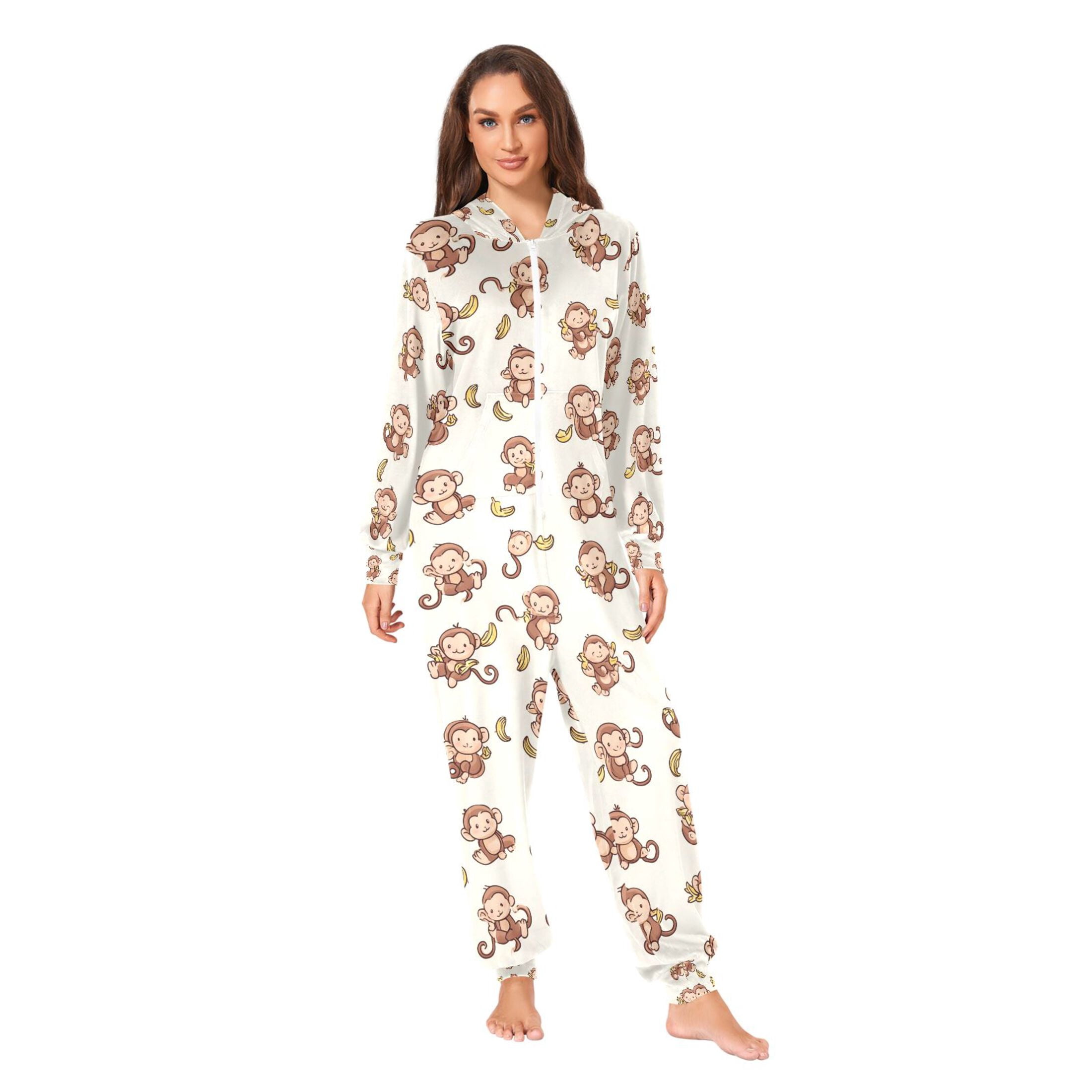 Adult Christmas Onesie Monkey and Banana Adult Zipper One-Piece Pajamas Unisex Pajamas with Pockets