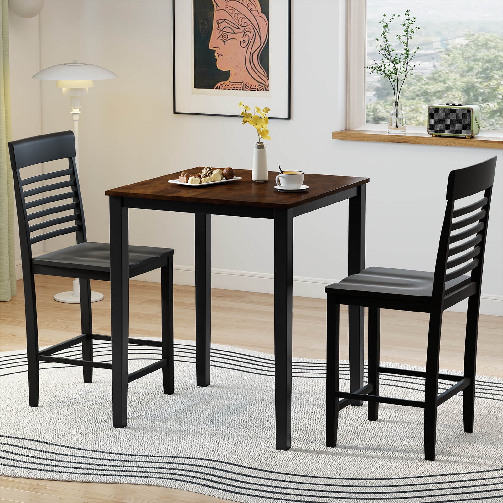 Costway Square Dining Table with Solid Wood Frame Wood Kitchen Table Pub Table for 4-Person Black+Reddish Brown