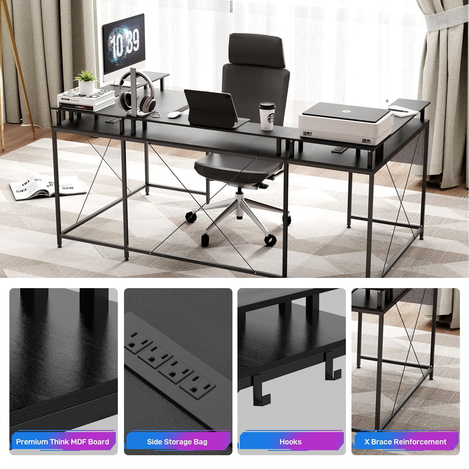 KOKEBREN 78.8" U Shaped Computer Desk, Reversible L Shaped Desk with Power Outlets, LED Lights, Monitor Stand & Storage Shelves, Corner Office Desk for Gaming - Black