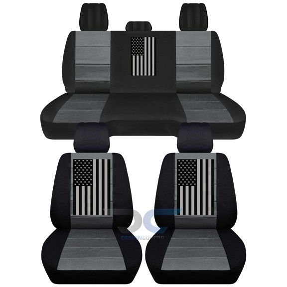 Fits 2012-2018 Dodge Ram w US Flag Cotton Seat Covers Solid Rear:Blk Charc-Full Set