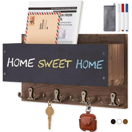 

Key Holder Wall Mount Wooden Key Mail Holder with Chalkboard Mail Organizer Wall Mounted Key Shelf Rustic Farmhouse Home Decor Entryway Storage (10.8 W x 6.2 H x 3.3 D) Brown