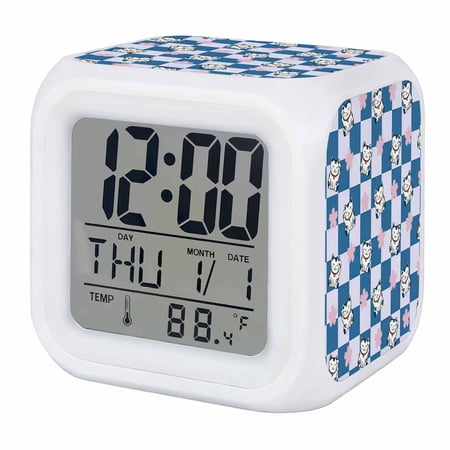 Alarm Clocks Lucky Cat Digital Clock 7 Color LED Night Light Silent Non-Ticking Battery Operated Cherry Blossoms Blue Check Buffalo Plaid Cube Clocks for Bedroom Bedside Living Room Office School