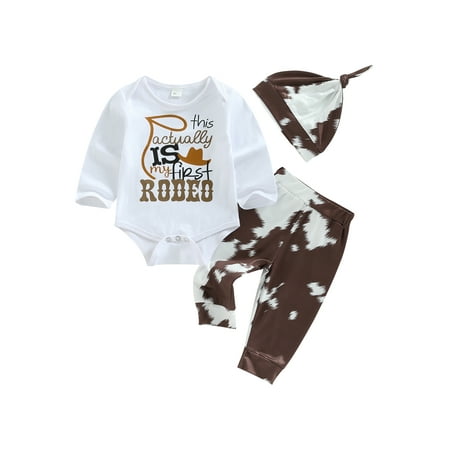 

Qtinghua 3PCS Newborn Baby Boy Clothes Western Cowboy Letter Printed Bodysuit Romper Pants Hat Outfits Brown 6-12 Months