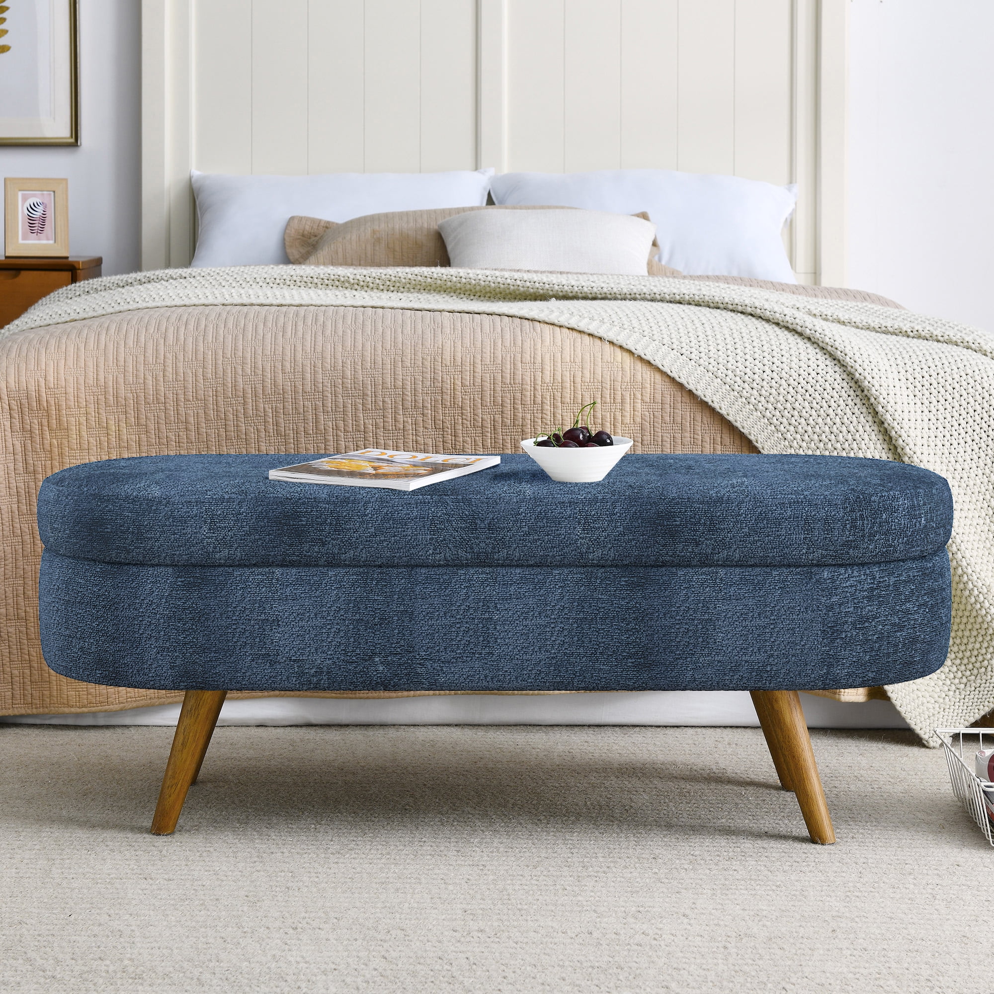 Gewnee Storage Ottoman Solid Rubberwood Legs Footstool Seat, Soft Cushion, with Storage Function, 26lbs, Suitable for Any Room（Dark Blue）
