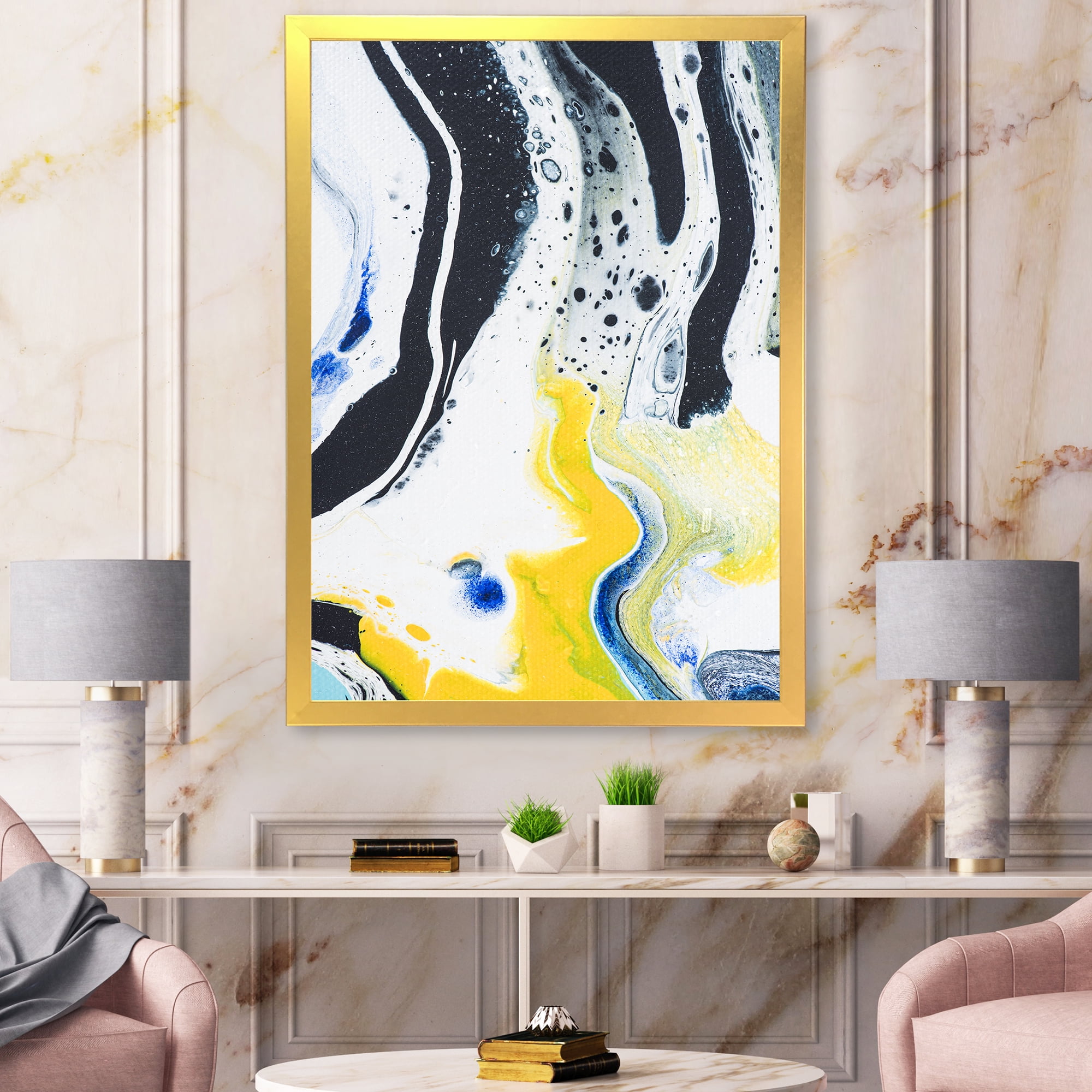 Designart 'Abstract Marble Composition In Blue and Yellow IV' Modern Framed Art Print