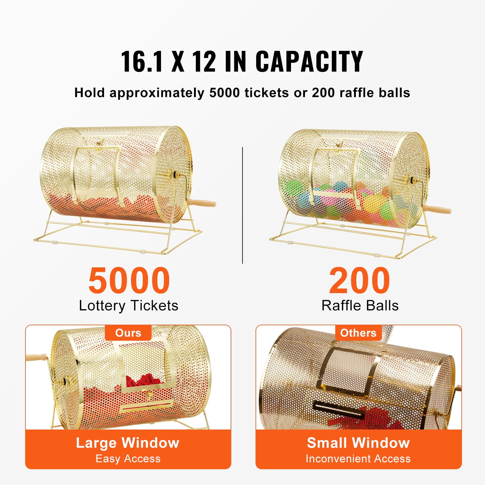 KFFKFF Raffle Drum, Accommodates 5000 Tickets or 200 Table Tennis Balls, Metallic Sweepstakes Rotating Draw with Timber Spin Handle,16.1 x Ø12 inch