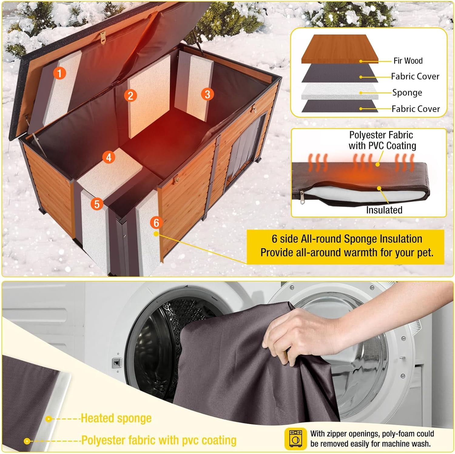 Aivituvin 59.1" Large Insulated Dog House for Winter Outdoor Weatherproof Kennel All-Around Iron Frame, Brown