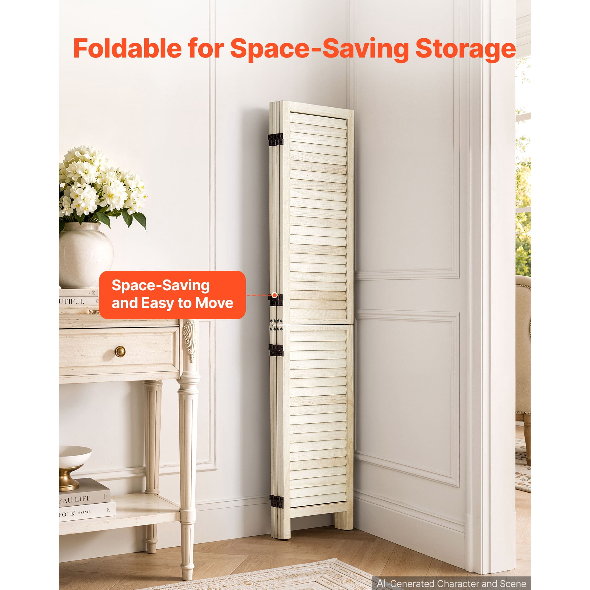 KFFKFF Wood Room Divider with 4 Panels, 67-inch Tall Folding Privacy Screen for Home Decoration and Space Separation, Durable Wooden Frame, 360° Dual-Directional Hinges, Simple Assembly