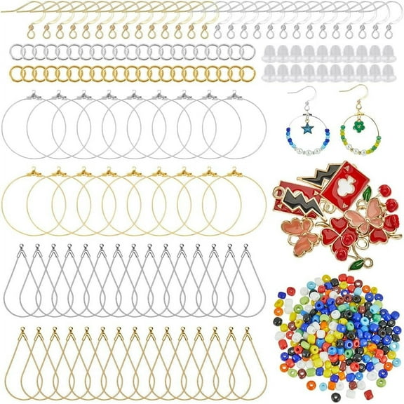 1 Box 774Pcs DIY Earring Making Kit Hoops Beading Hoop Earrings Hooks Jump Rings Loop Ear Backs Beads Enamel Charms Earring Findings Component DIY