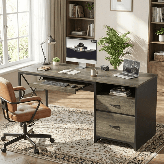 Bestier 55 inch Computer Desk with Drawers & Keyboard Tray & File Cabinet Home Office Desk in Grey