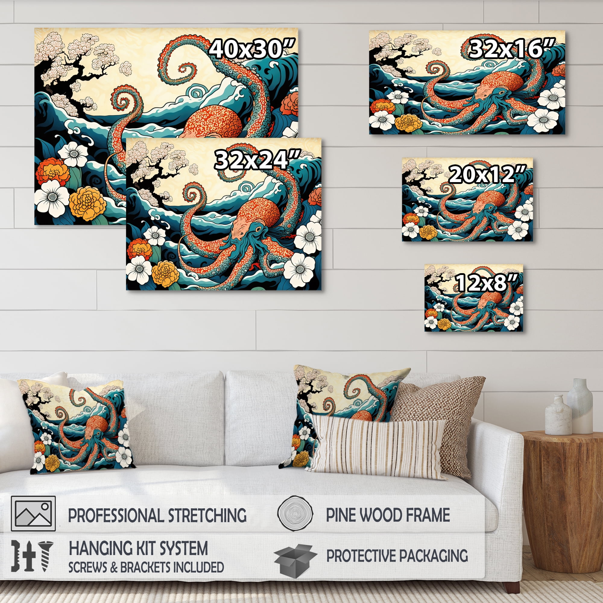 Designart Japanese Landscape With Octopus IV Canvas Wall Art