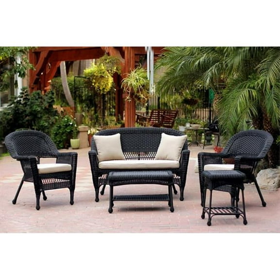 Jeco  5 Piece Black Wicker Conversation Set - Tan Cushion