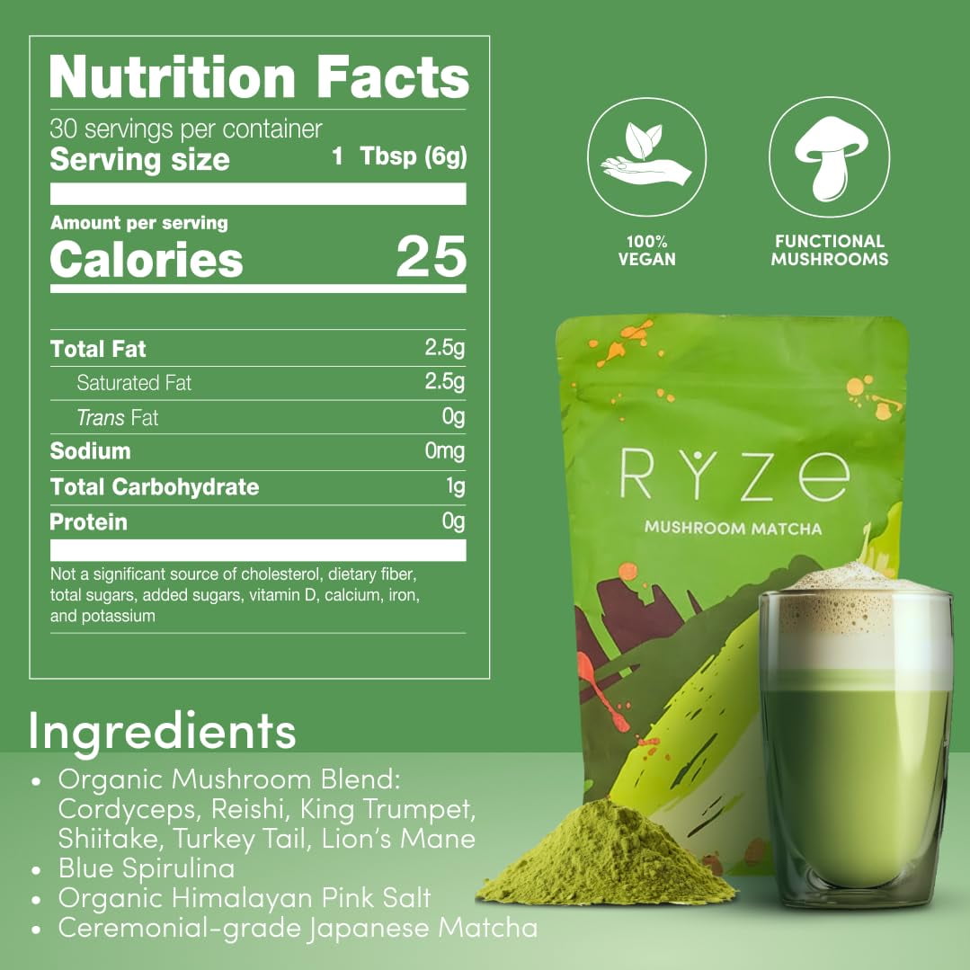 RYZE Mushroom Matcha USDA Organic with 6 Adaptogenic Mushrooms for Energy, Focus, Digestion, Immunity with Turkey Tail, Lions Mane, Reishi, 30 Serving