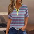 thumbnail image 2 of Polyester Short Sleeve Striped T Shirts for Women Summer 2025, Buttons Henley V-Neck Casual Fashion Tee Tshirts (XXL, Pink), 2 of 5