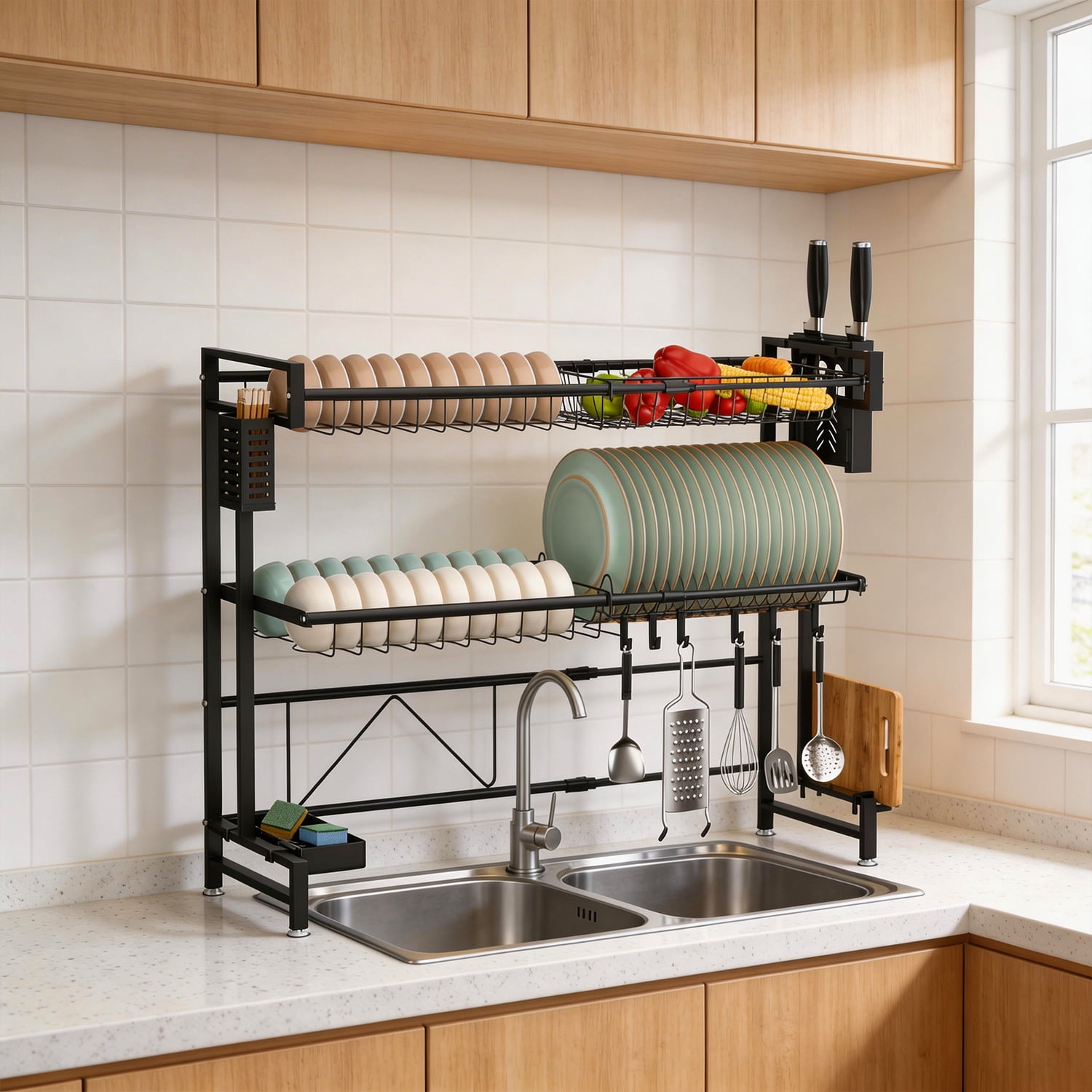 Behome Over The Sink Dish Drying Rack, 24.4-39.37"L x 11"W x 28.74"H (Expandable Length) 2 Tier Adjustable Stainless Steel Large Kitchen Dish Rack with Suction Cup, Snap-On Design, Black