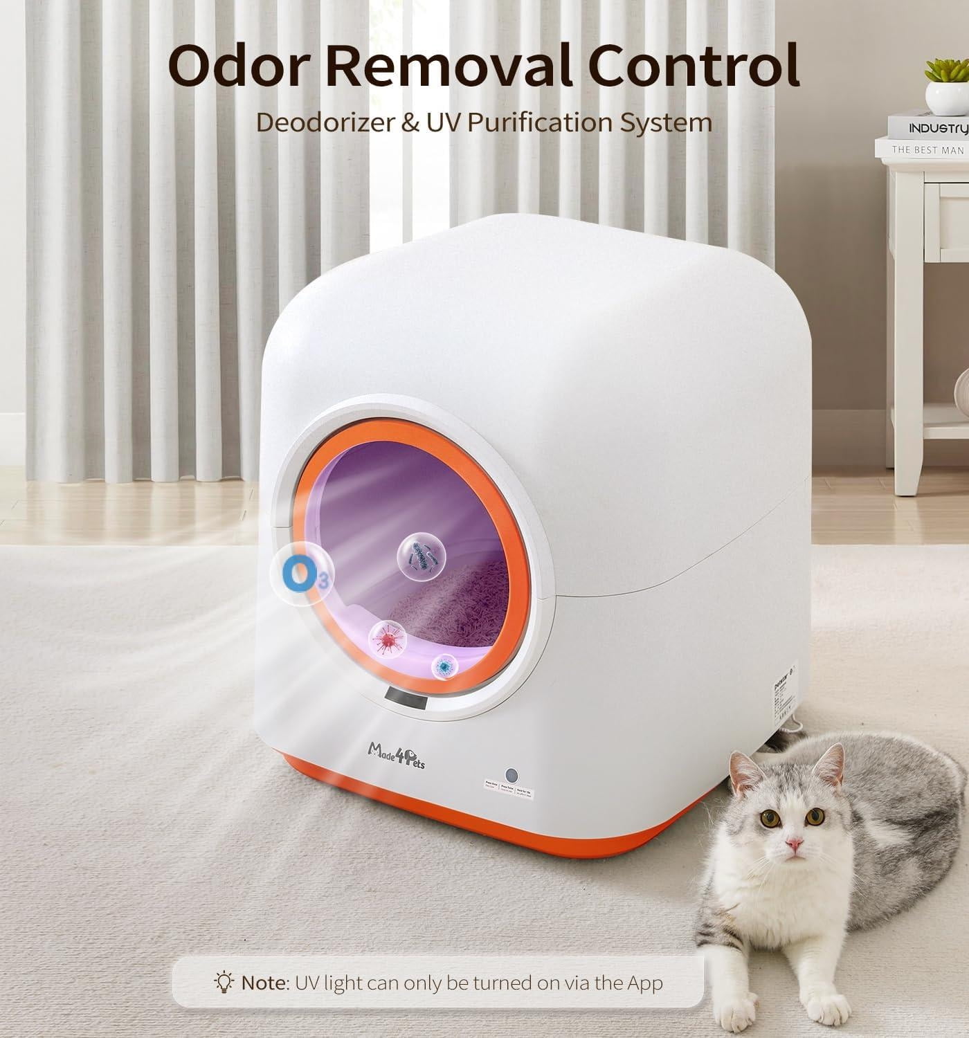 Self-Cleaning Litter Box 60L with Automatic App Control Odor-Eliminating PIR Motion Sensors and Includes Waste Bags for Multiple Cats