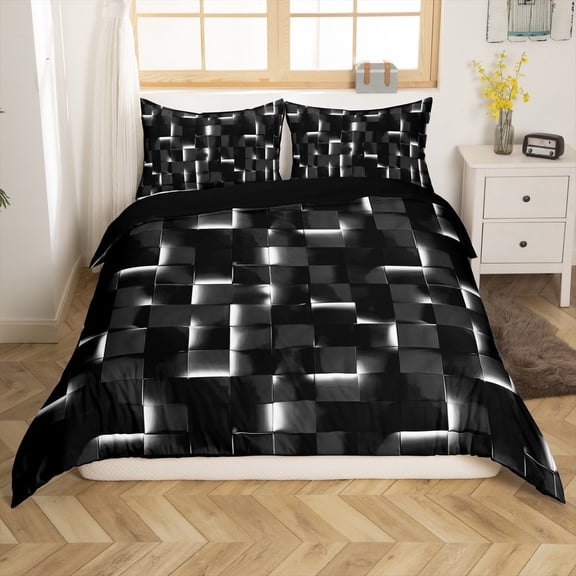 Erosebridal Geometric Plaid Comforter Cover Twin,Black White Bedding Twin Size,Futuristic Cubes Duvet Cover Twin,Super Cozy Neon Bedroom Decoration(No Comforter),Reversible,3pcs