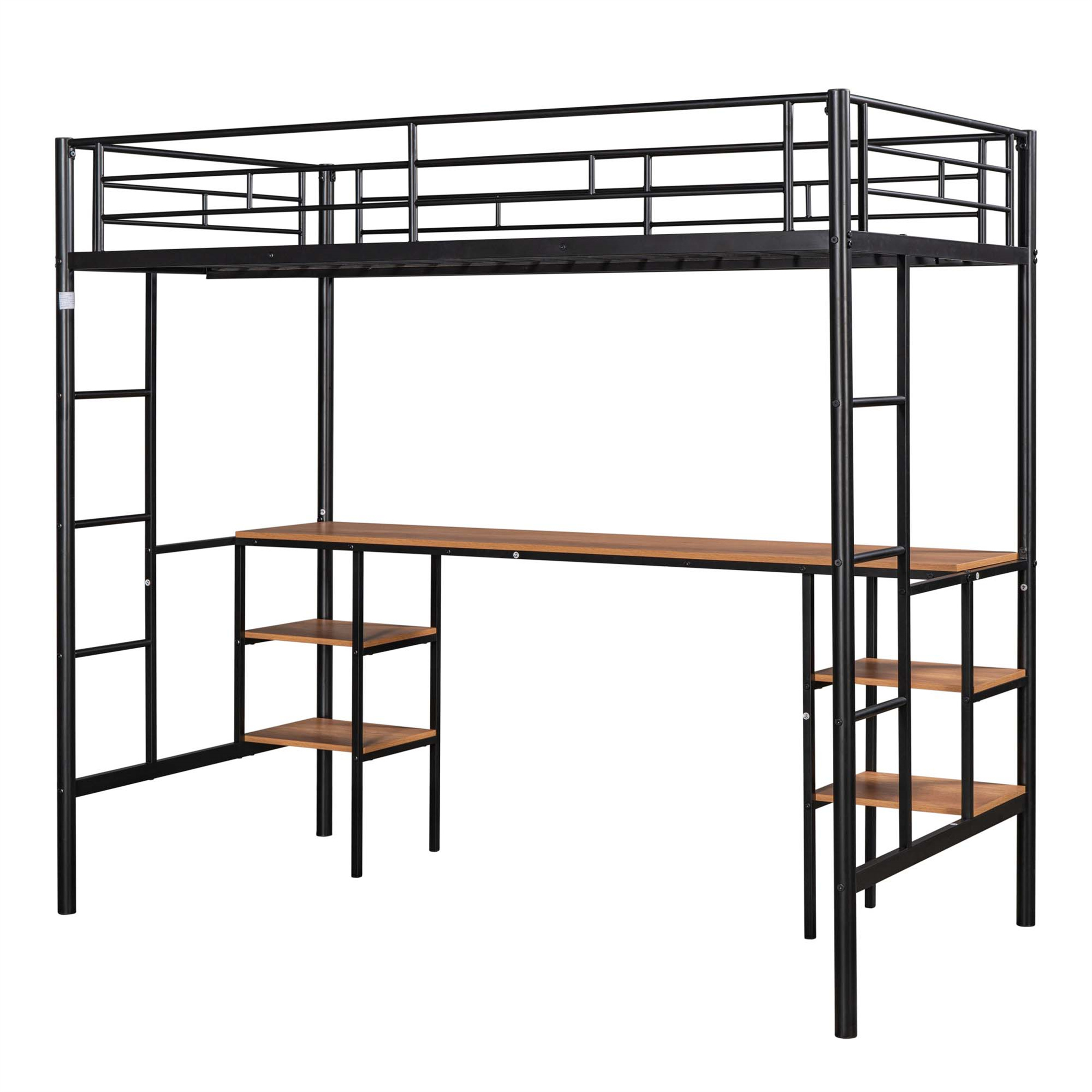 Aukfa Metal Twin Loft Bed with Desk and 4 Tier Bookshelf for Kids Teens Dorm Bedroom, Black