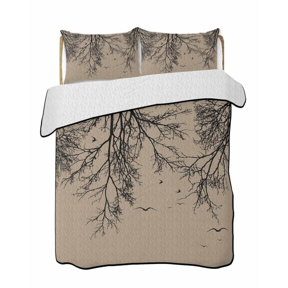 Quilts King Size Bedding Set, Brown Black Branches Lightweight Quilted Comforter, Botanical Dead Tree Birds Soft Reversible Bedspread Coverlet with Pillow Covers for All Season, 96" x 106"