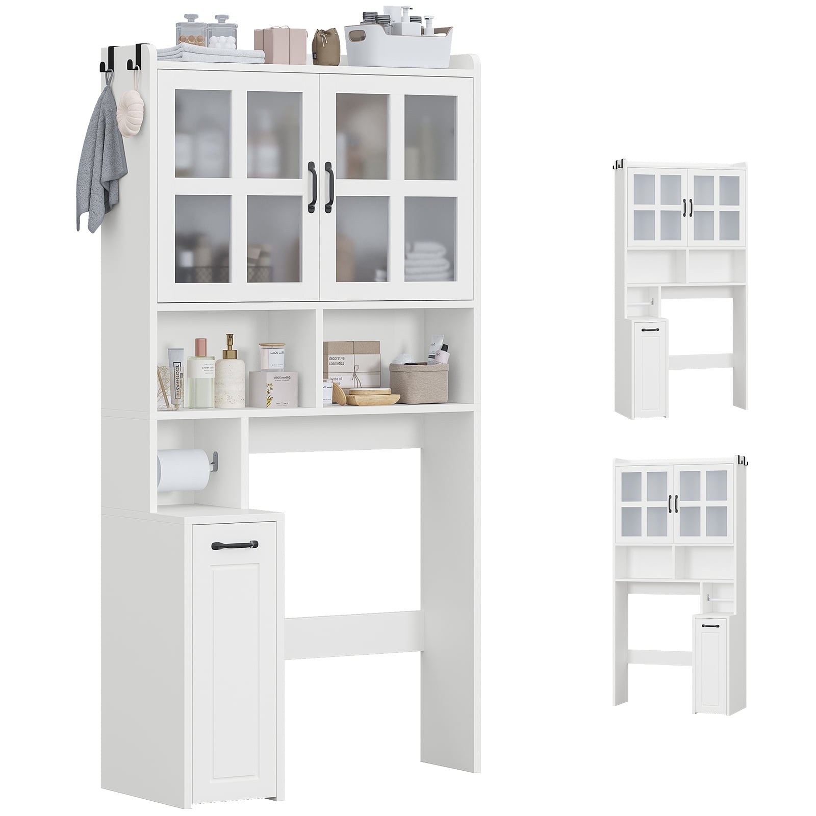 Over The Toilet Storage Cabinet with Frosted Door, Bathroom Storage Cabinet W/Adjustable Shelf for Bathroom, Restroom, Laundry, White