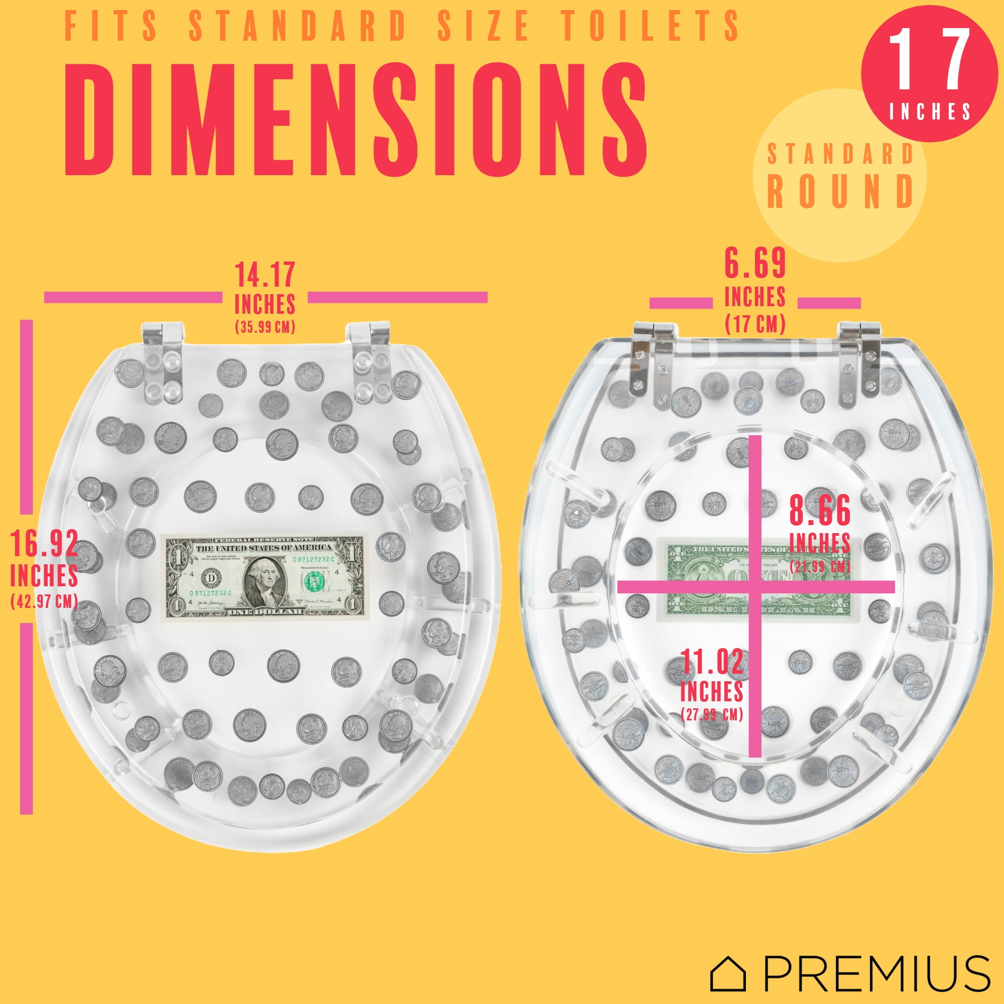 PREMIUS Polyresin Dollar Bill & Coins Money Toilet Seat, Clear, Standard Round, 17 Inches