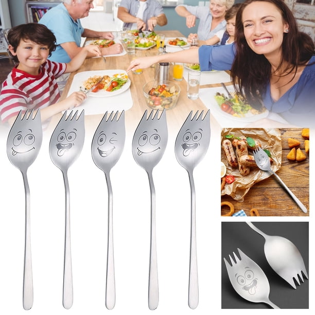 Juego De Cucharas, 6 Unidades, Acero Inoxidable Plateado, Caras Felices Y Expresiones Faciales Divertidas Grabadas, Aptas Para Cubiertos De 19,5 Cm, Reutilizables, Mangos Largos, Juego De Metal.