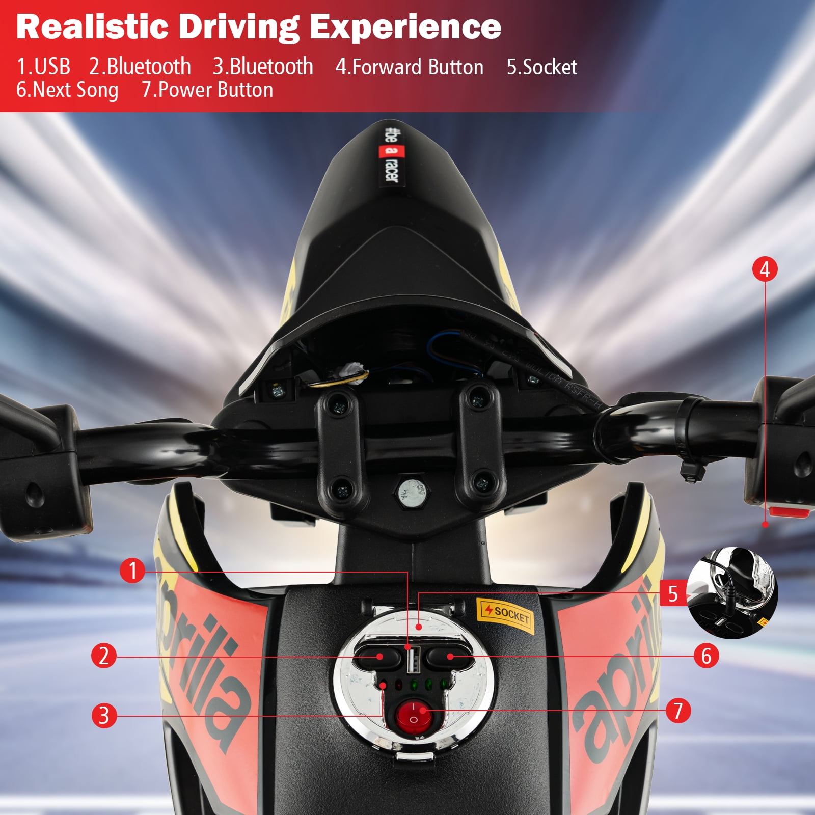 Olakids 12V Aprilia RX125 Electric Ride-on Motorcycle, Black, with Training Wheels, Ages 3-8