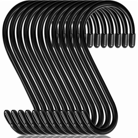 12 Pack 6 Inch Large S Hooks, Heavy Duty Vinyl Coated Non-Slip Metal Black Hooks for Hanging, Closet Kitchen Bathroom Garden Hooks for Pots Pans Clothes Plants Jeans Towels