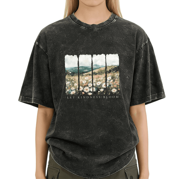 Washed Black Let Kindness Bloom Print Tshirt Graphic Tees Shirts Wildflower Field Casual Wear S-2XL Tops