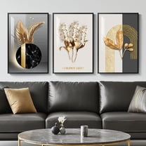 Black And White Modern Luxury Framed Wall Art, 3 Large Contemporary Art Prints With Gold Leaf Pattern, For Living Room, Corridor, Bedroom & Office
