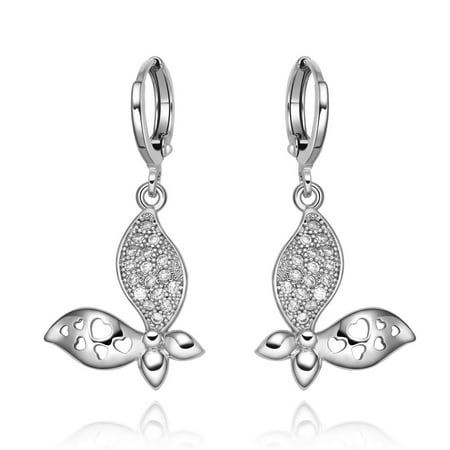 Magical Butterfly and Cute Hearts Amulets White Sparkling Crystals Silver-Tone Eardrop Fashion Earrings