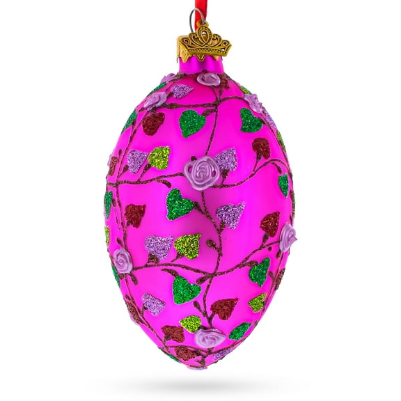 Vibrant Pink Heart Vines with 3D Roses Glass Egg Christmas Ornament 4 Inches