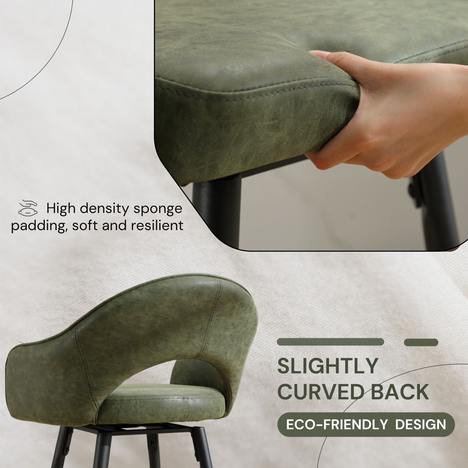 27" Modern Swivel Bar Stools Set of 2, PU Upholstered Counter Height Stools with Metal Legs, Hollow Curved Backrest for Kitchen Island, Home Bar, Bistro, Green