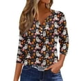 thumbnail image 2 of Women's Cute Halloween Shirts Pumpkin Ghost Print 3/4 Sleeve Tops Henley V Neck Graphic Tees Fall Shirt, 2 of 5