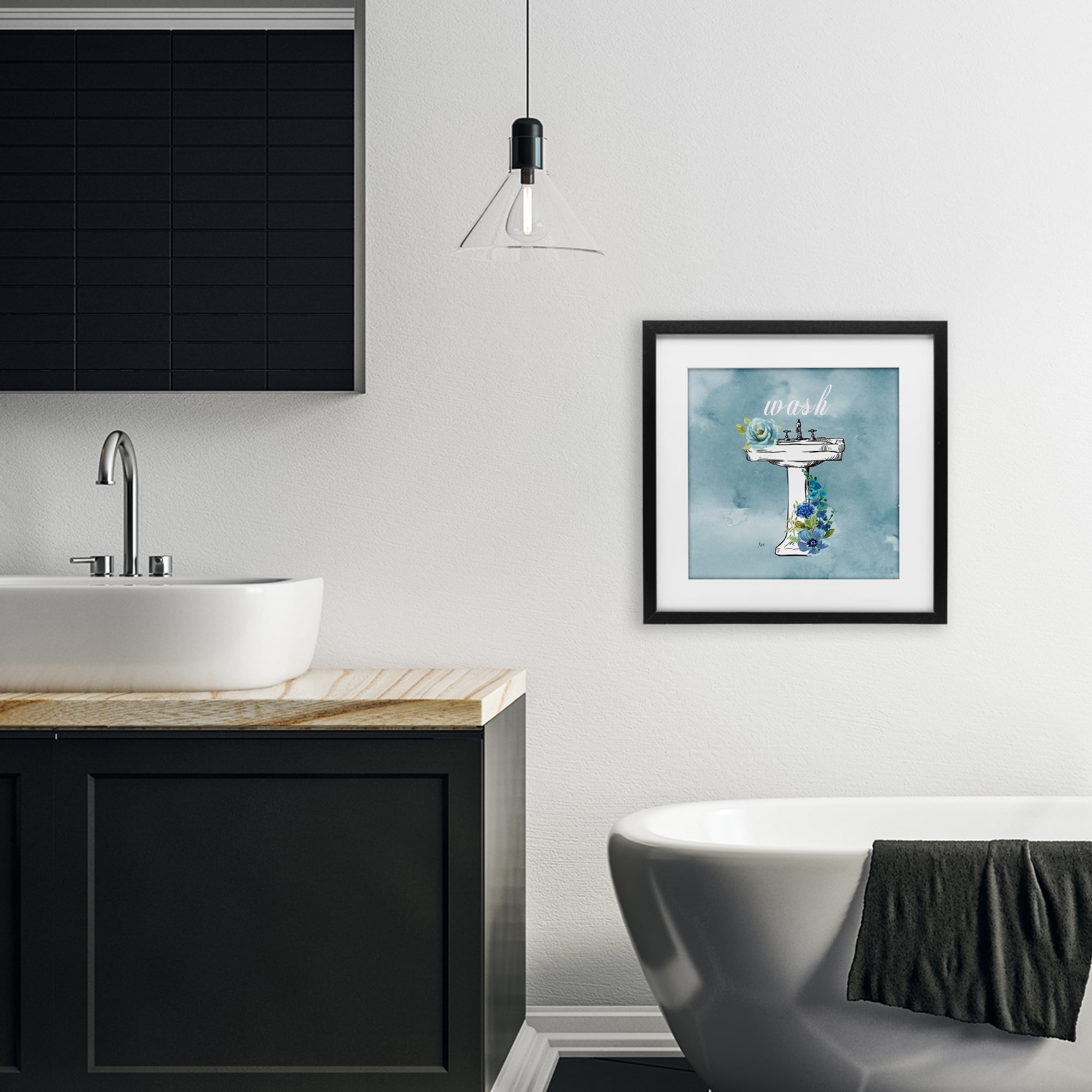 Stupell Industries Floral Bathroom Rules Wash Black Framed Print Under Glass, design by Nan