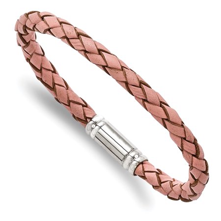 Stainless Steel Polished Pink Woven Leather Bracelet 7.5in | Walmart Canada