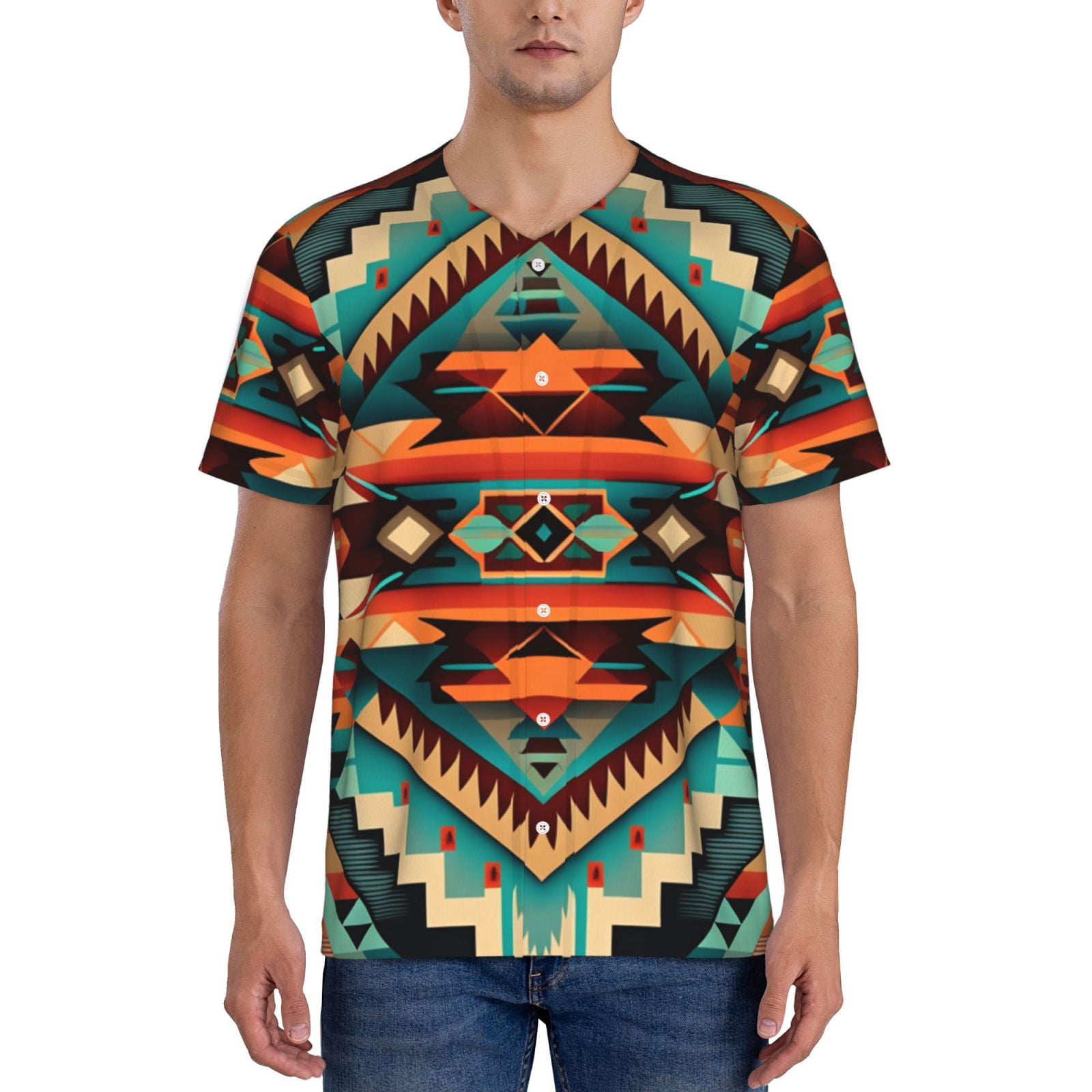 Men's Baseball T-Shirt Button Down Short Sleeve Tee Athletic Team Uniform, Ethnic Geometric Navajo Native American Tribal Abstract
